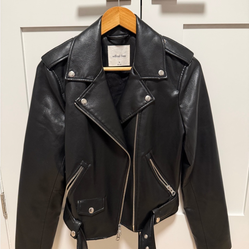 Aritzia Wilfred Free UnReal Faux Black Leather Jacket with belt